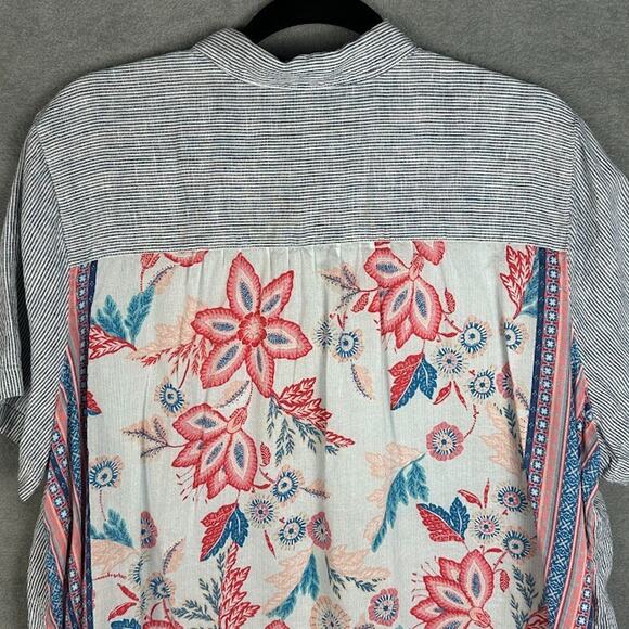 J Jill Top Womens Extra Large Blue Striped Floral Short Sleeve Linen Resort - Picture 4 of 13